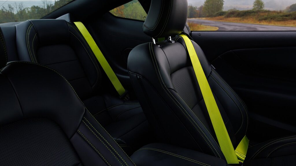 Ford Mustang rear seat area with contrast seat belt