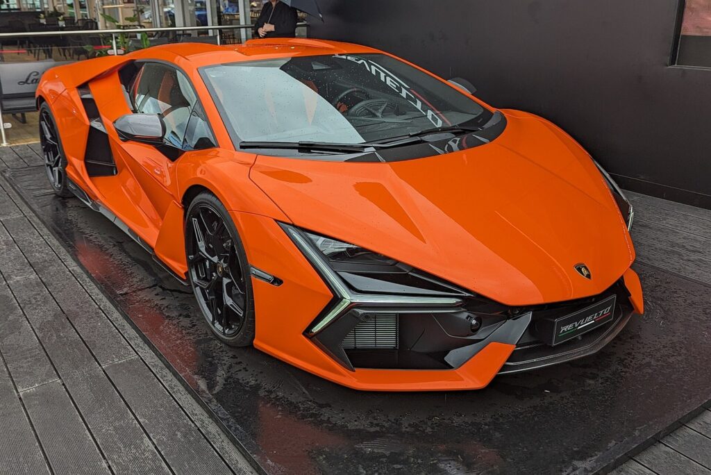 Lamborghini Revuelto orange front three-quarter view