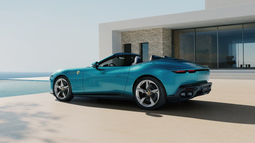 Ferrari Amalfi Spider rear three-quarter view with the roof open