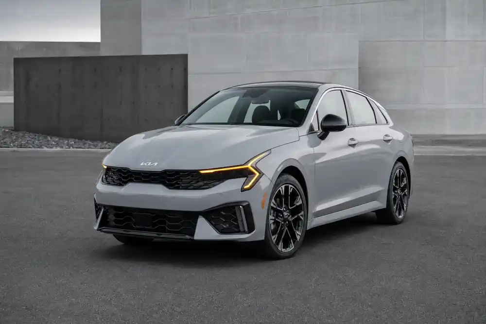 2026 Kia K5 GT-Line front three-quarter view
