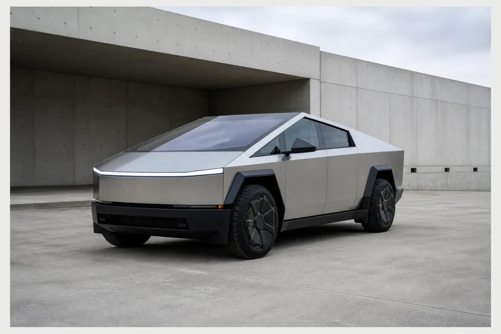 Tesla Cybertruck front three-quarter view