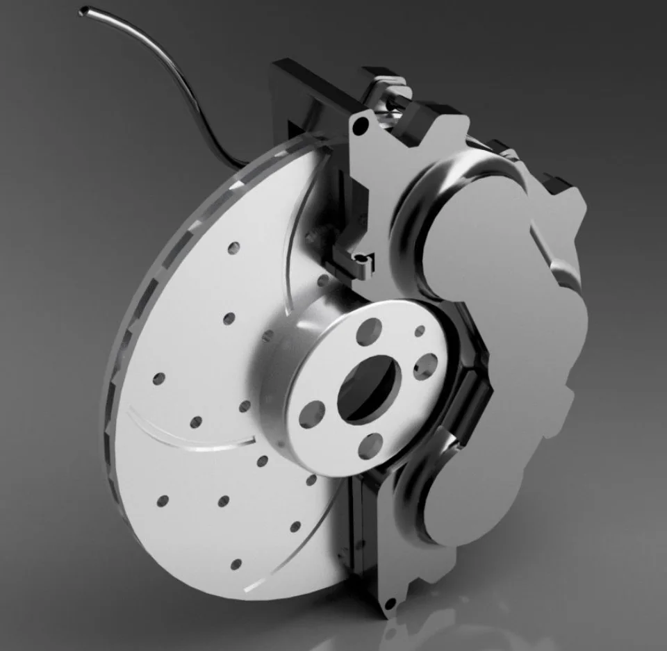 CAD rendering of a large fixed brake caliper and ventilated brake disc assembly