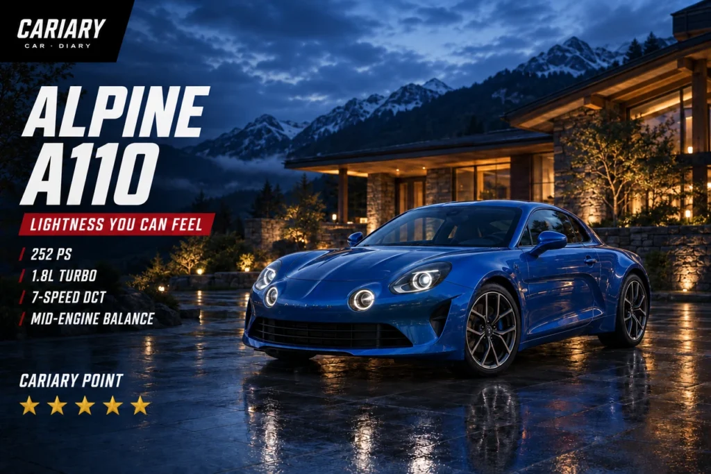 Alpine A110 editorial cover with 5-star Cariary Point rating