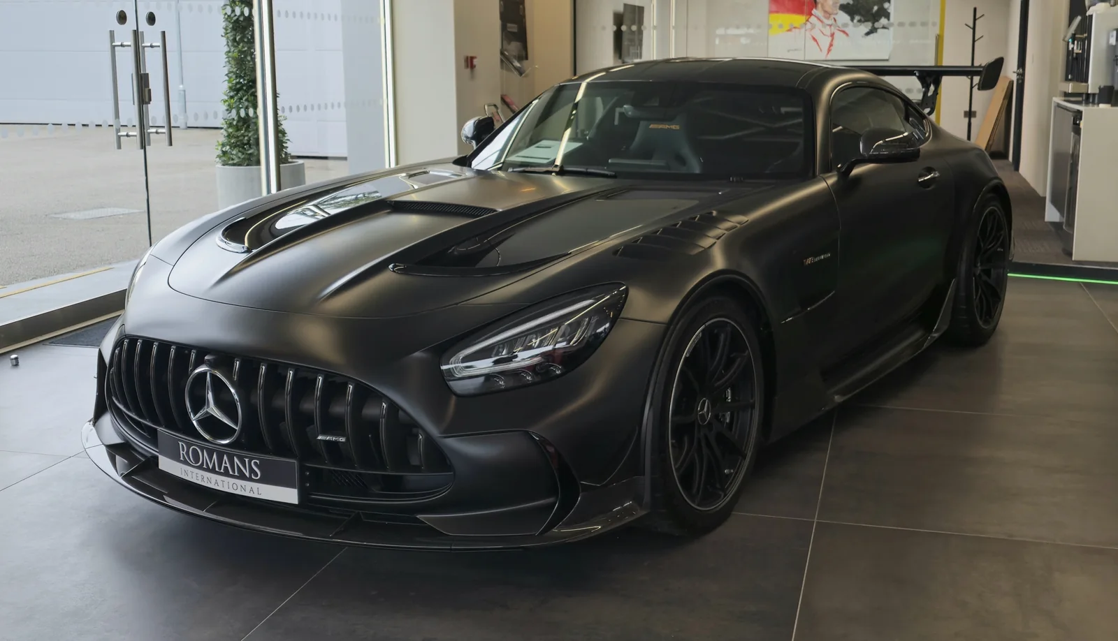black Mercedes-AMG GT Black Series displayed indoors