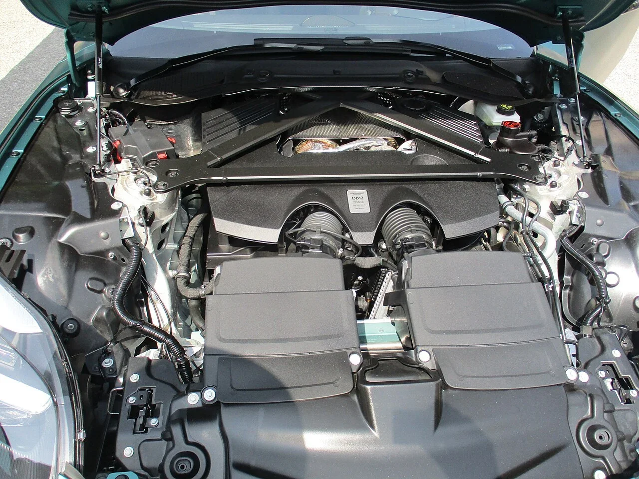 Aston Martin DB12 engine bay with bonnet open