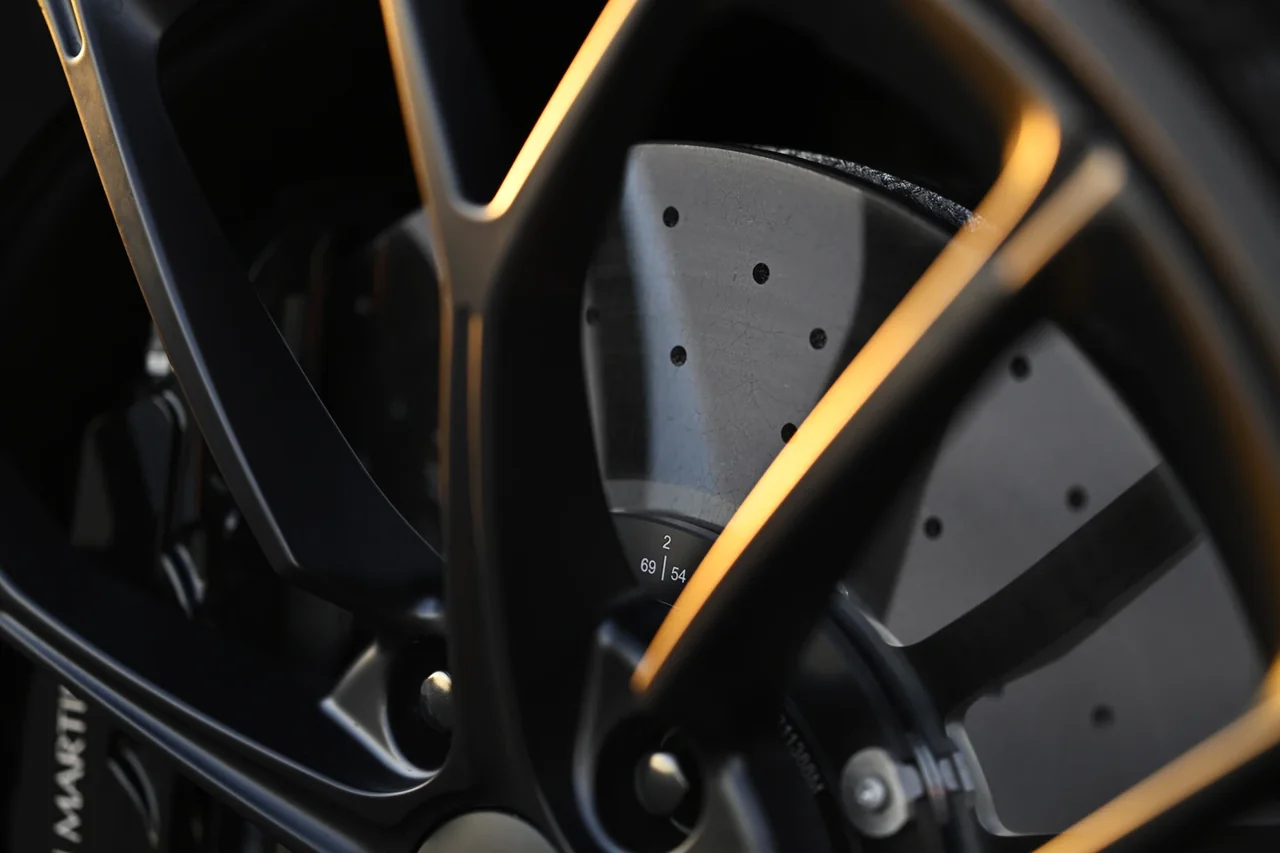 Aston Martin Vantage wheel and drilled brake disc close-up