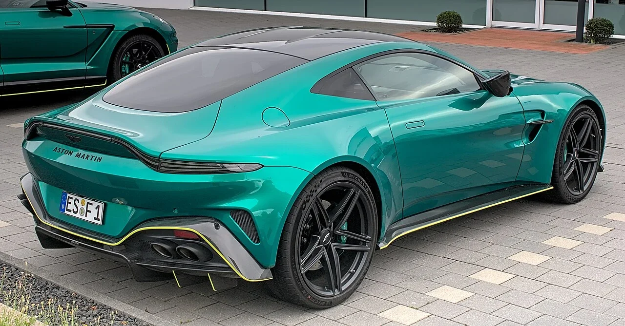 Green Aston Martin Vantage rear three-quarter view