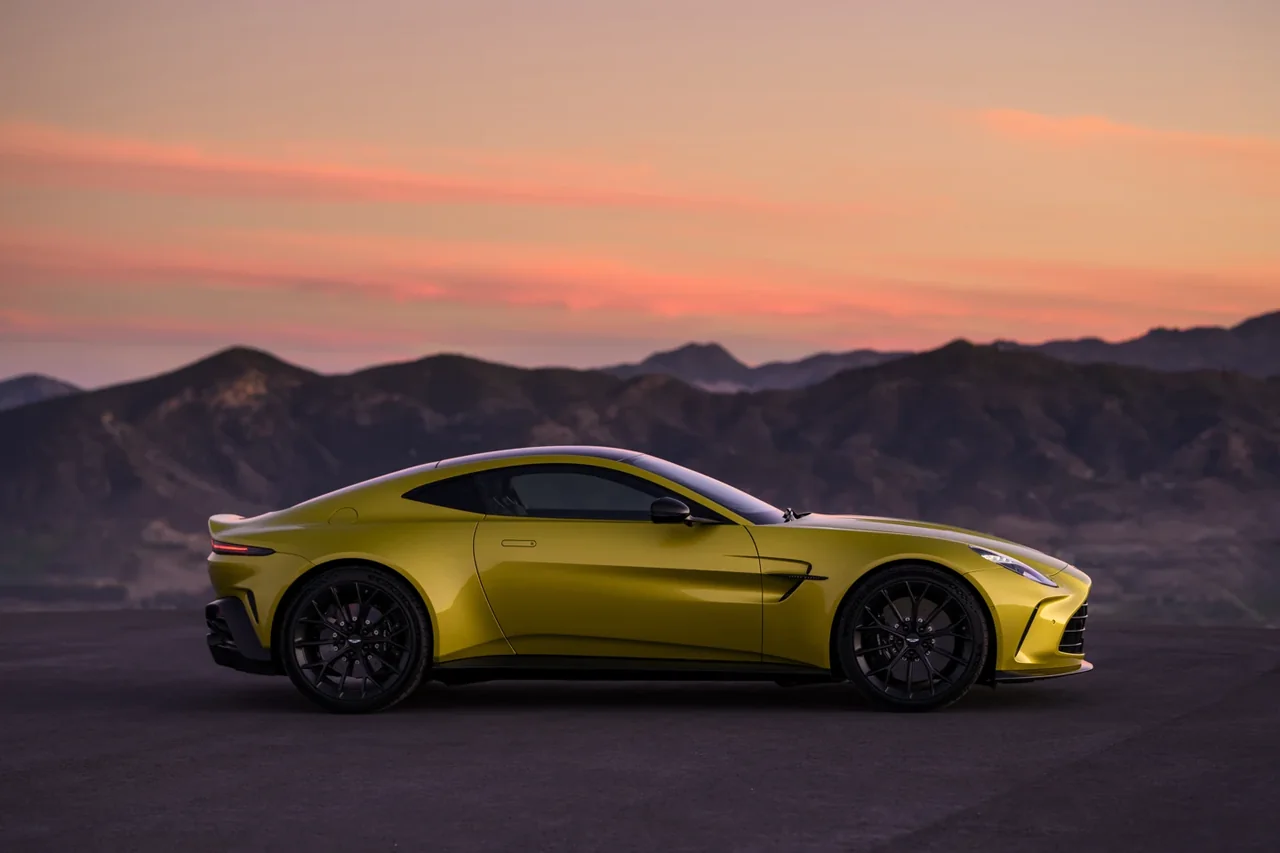 Yellow Aston Martin Vantage side profile
