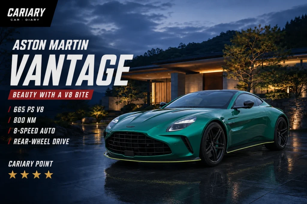 Aston Martin Vantage editorial cover with four-star Cariary Point rating