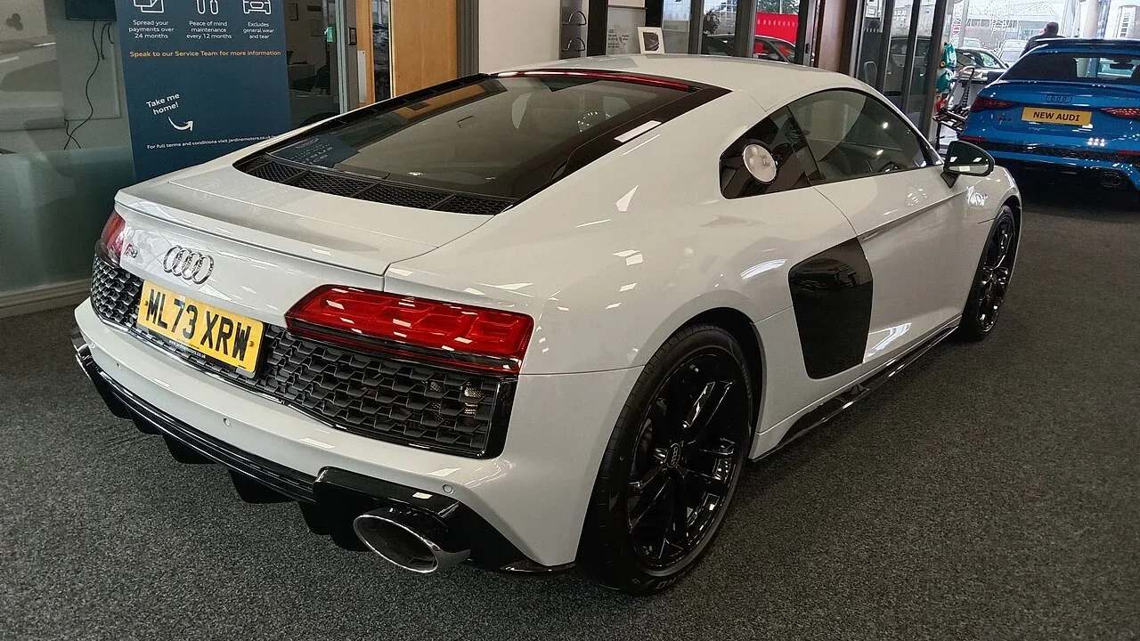 White Audi R8 performance RWD rear quarter