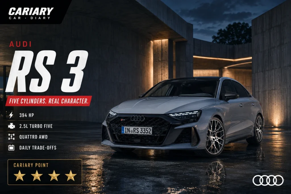 Grey Audi RS 3 Sedan editorial illustration with four gold Cariary stars