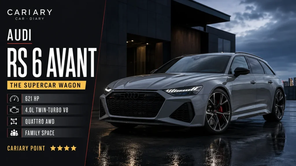 Nardo gray Audi RS 6 Avant performance with Cariary review graphics and four-star rating