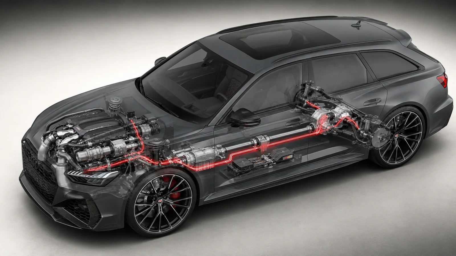 Conceptual cutaway of a performance wagon V8 and all-wheel-drive system