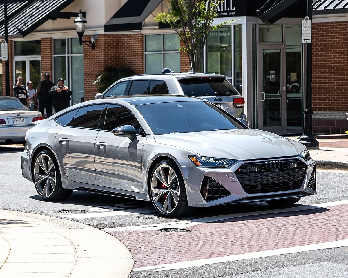 Silver C8 Audi RS 7 Sportback on a city street