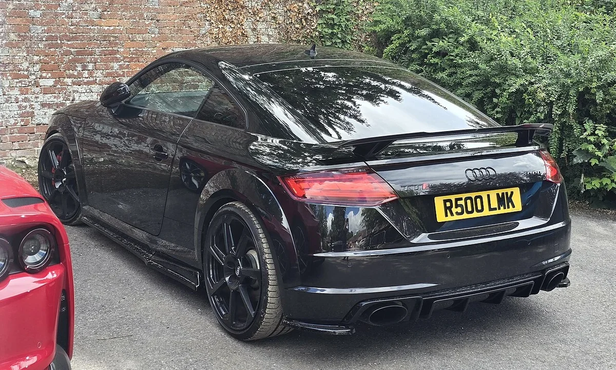 8S TT RS rear view, illustrating the compact coupe packaging.