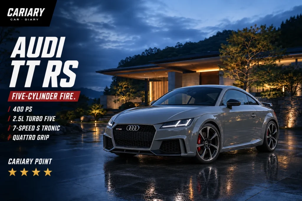 Audi TT RS editorial cover with 4-star Cariary Point rating