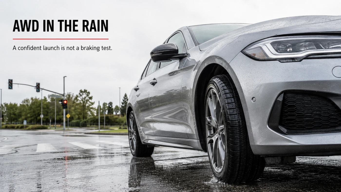 AWD in the Rain editorial illustration showing a silver sedan and its treaded front tire on wet asphalt