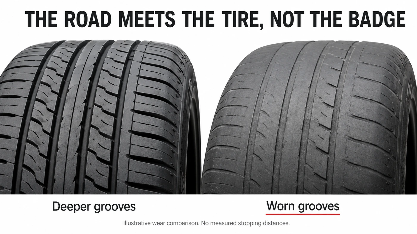 Close-up comparison of deeper tire grooves and a similar tread pattern worn shallow