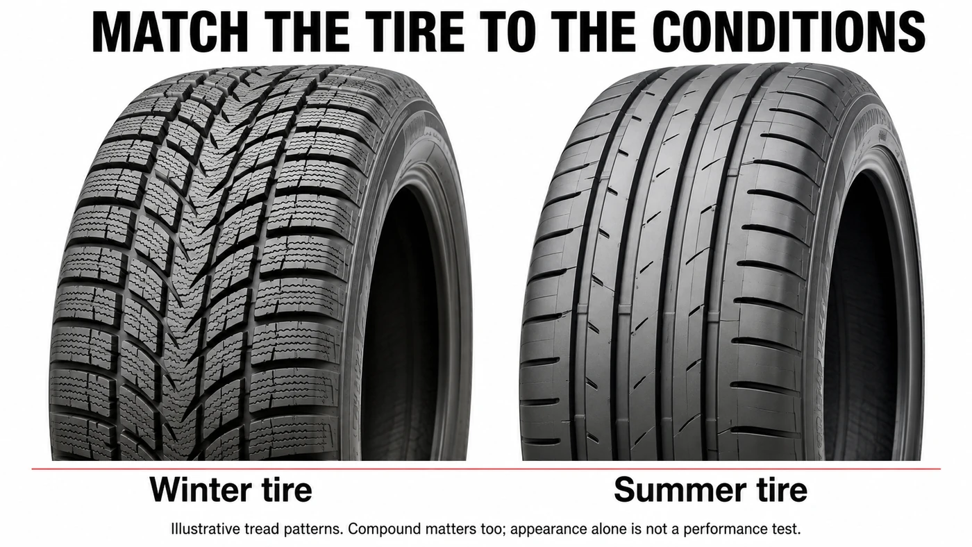 Illustrated winter tire with dense tread sipes beside a summer tire with larger tread blocks and fewer fine cuts