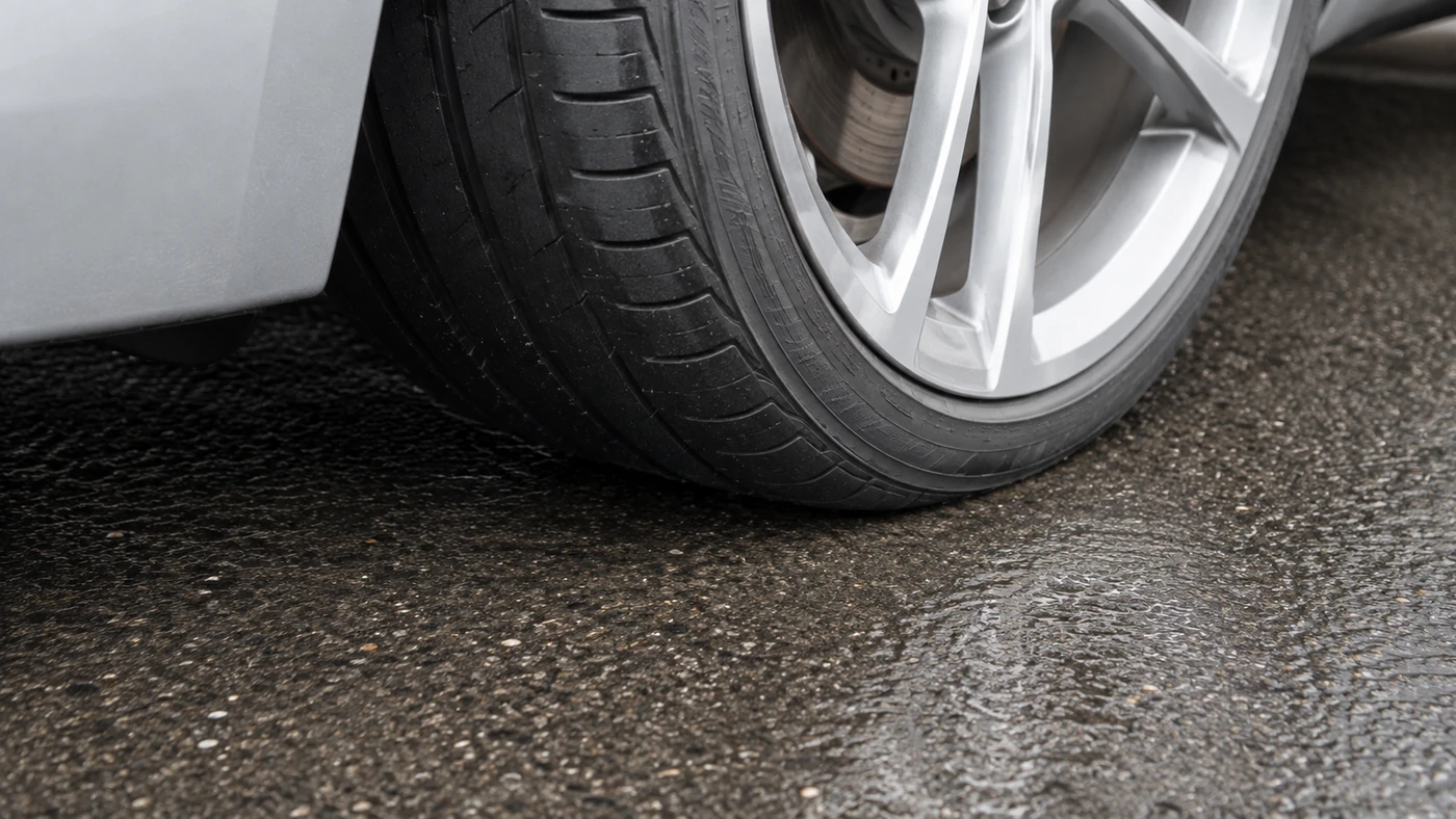 Close-up illustration of a road tire contacting damp textured asphalt beside a silver wheel