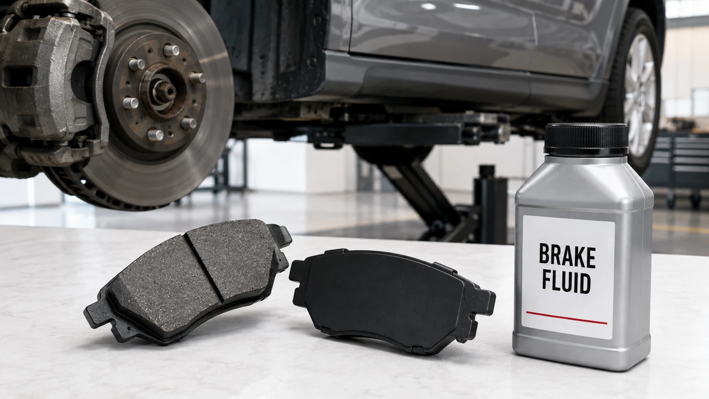 Two brake pads and a sealed container labeled brake fluid on a workshop bench near a vehicle brake assembly