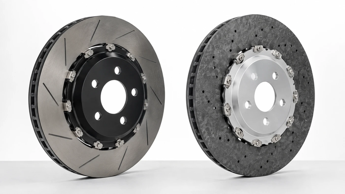 Illustrative comparison of a two-piece slotted iron brake disc with a black center hat and a dark carbon-ceramic disc with a silver hat