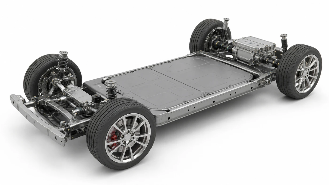 Generic electric-vehicle rolling chassis with a central battery enclosure, electric drive hardware and visible wheel-mounted disc brakes