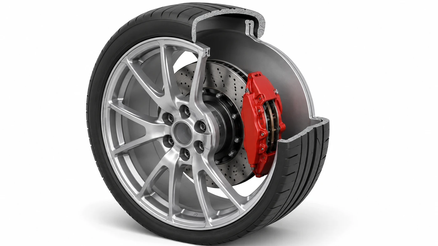 Generic wheel cutaway exposing a brake rotor and red caliper inside the wheel barrel behind the spokes