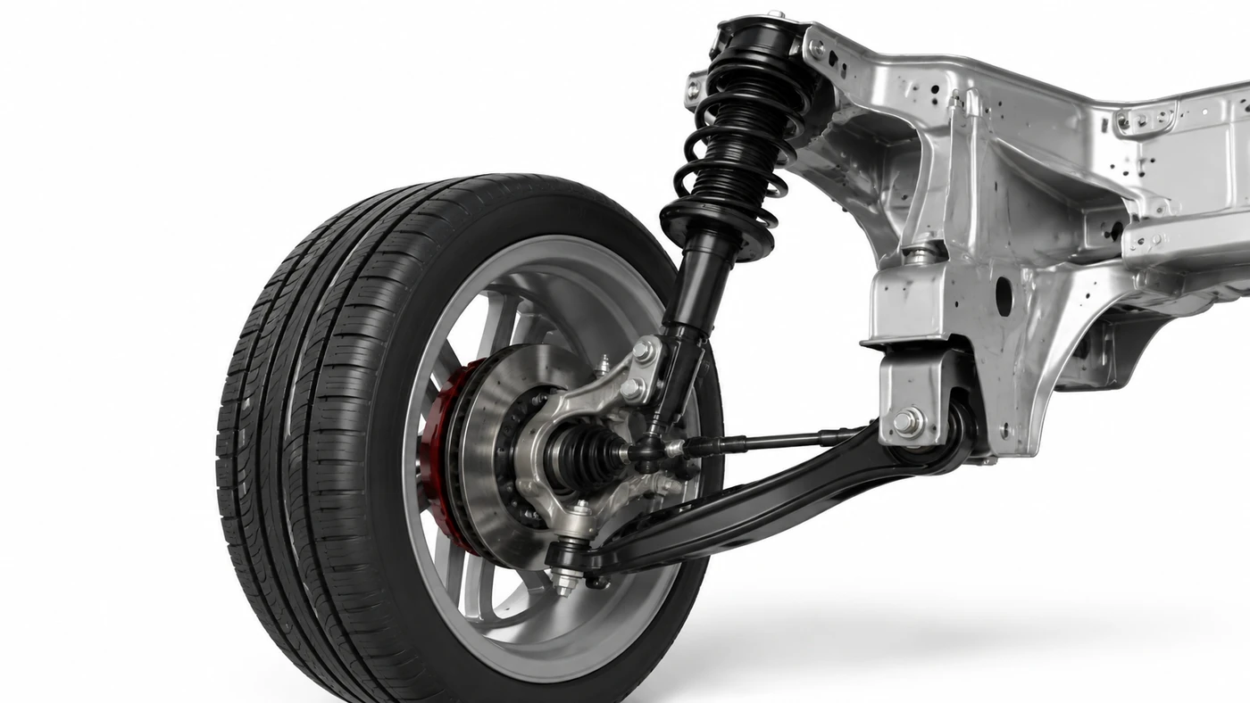 Generic suspension-corner illustration showing a wheel, tire, brake and hub beside a spring strut and lower suspension arm