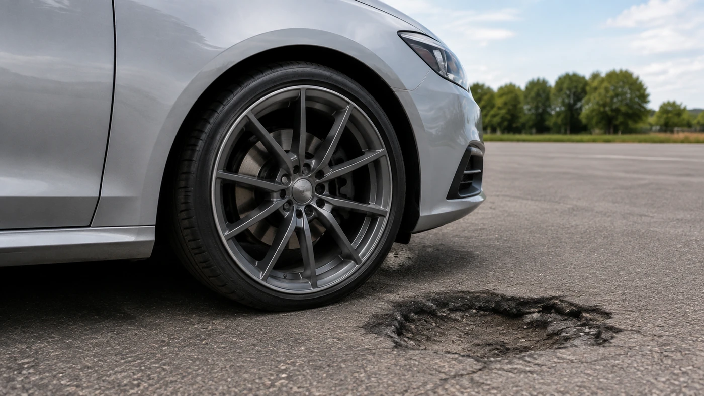 Parked silver car with a low-profile front tire beside a small pothole in an empty asphalt area