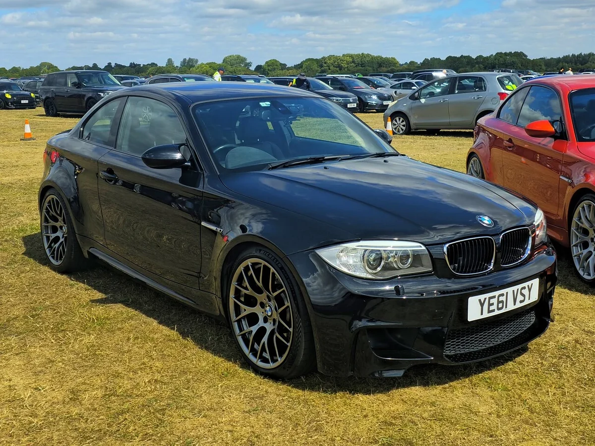 BMW 1 Series M black coupe on grass