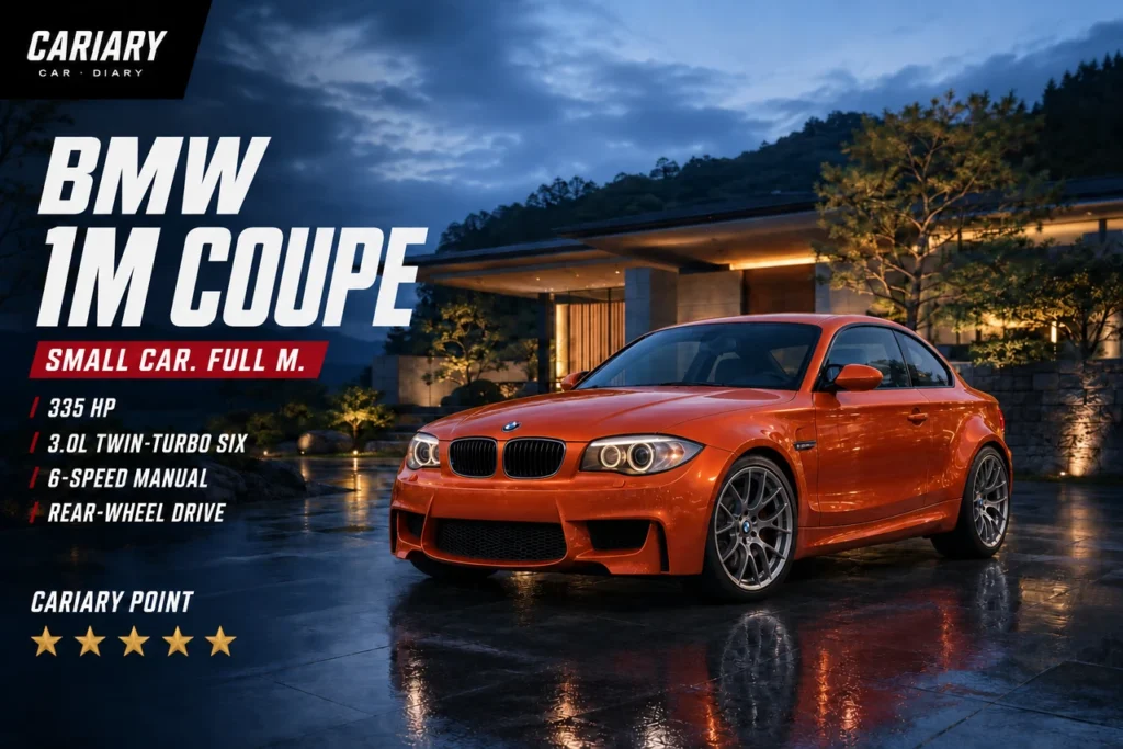 Orange BMW 1M Coupe outside a modern house at dusk, Cariary editorial illustration