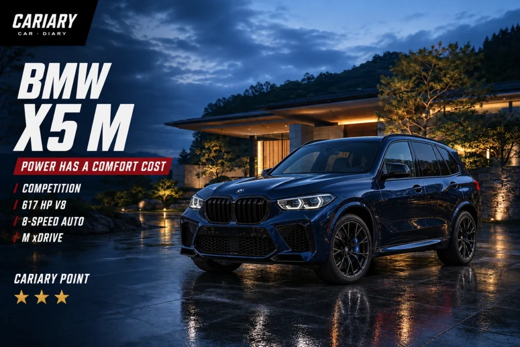 BMW X5 M Competition editorial cover with 3-star Cariary Point rating