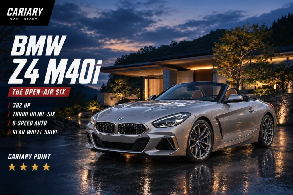 BMW Z4 M40i editorial cover with four-star Cariary Point rating