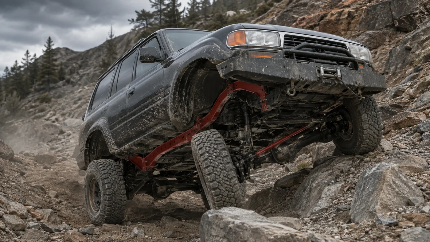 Body-on-frame SUV twisting over rough off-road terrain