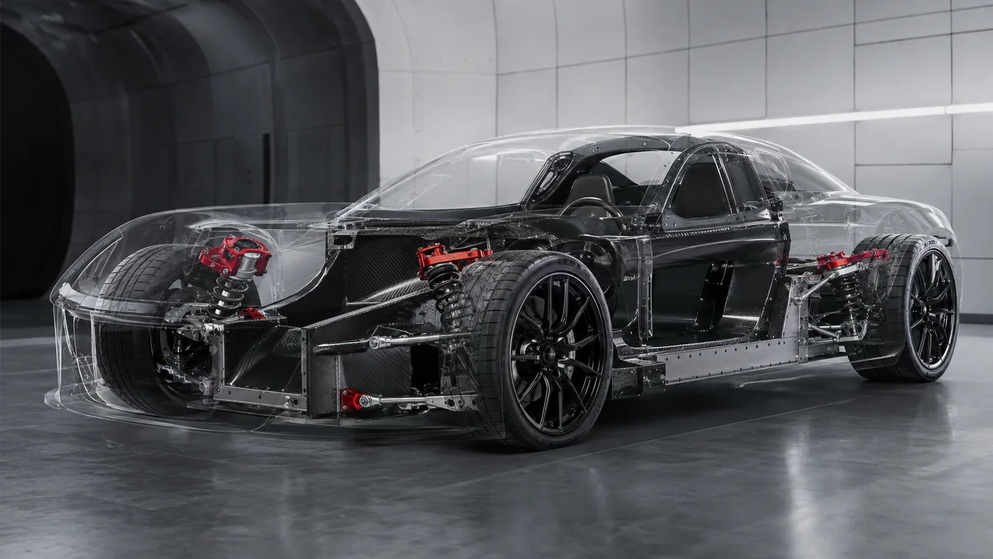 Sports car monocoque chassis showing stiffness and suspension precision