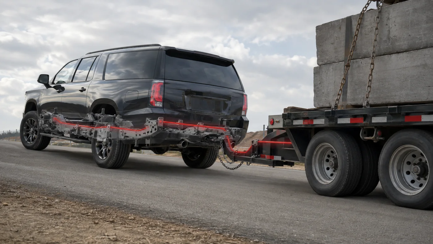 Body-on-frame SUV towing heavy trailer with load path through frame
