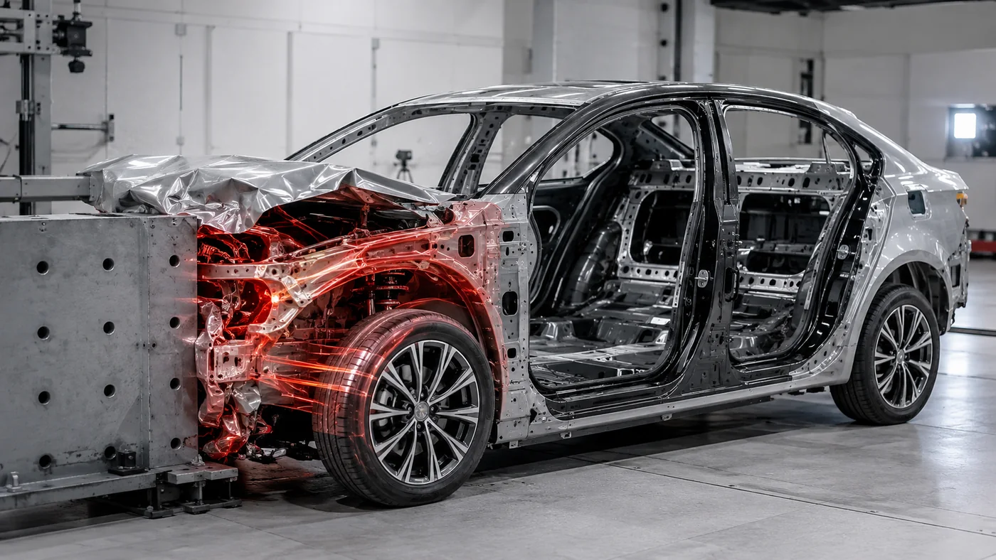 Car crash energy management with crumple zones and safety cell