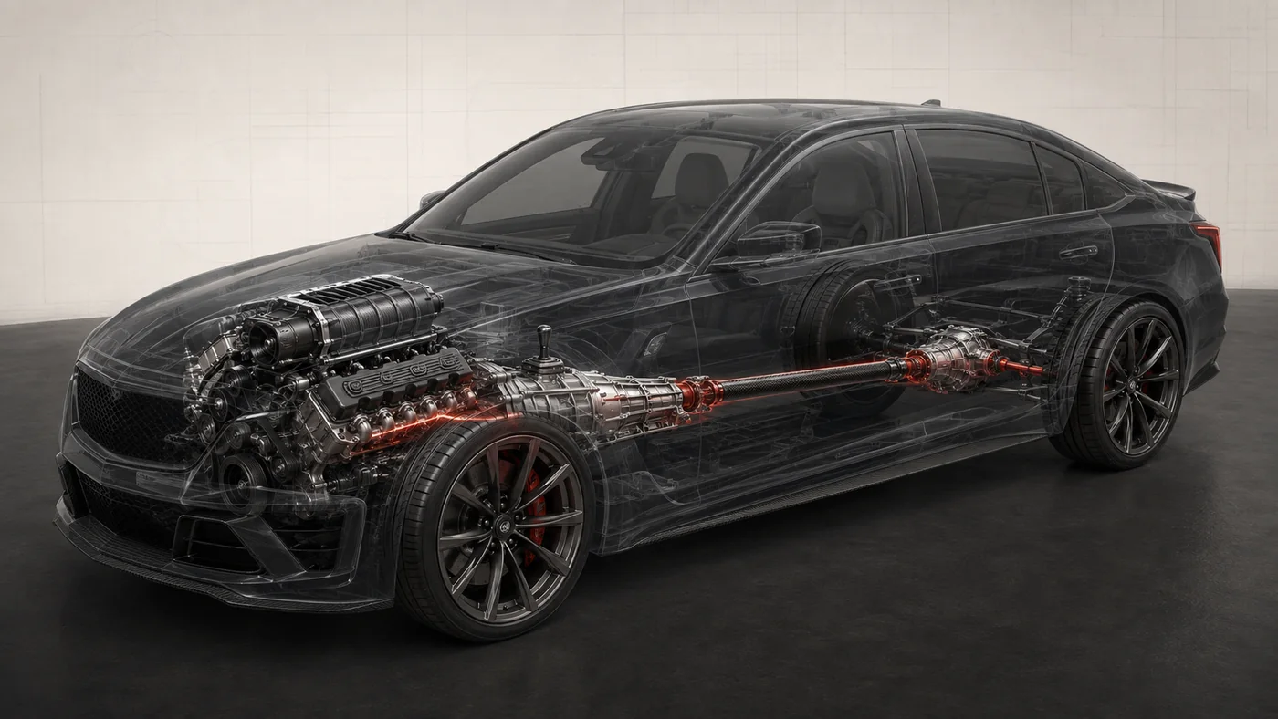 Conceptual powertrain layout for the 2026 Cadillac CT5-V Blackwing