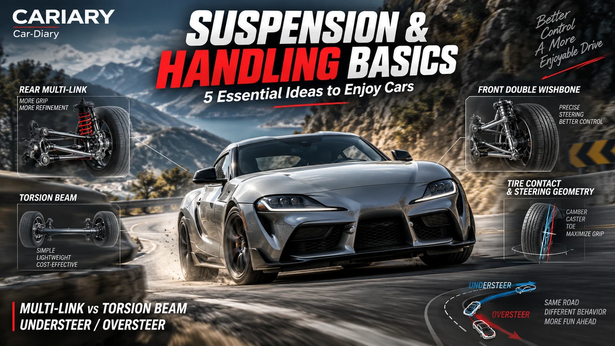 Suspension and Handling Basics thumbnail showing a sports car beside suspension and wheel-alignment illustrations