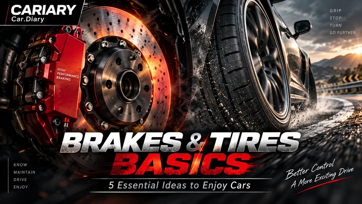 Brakes and Tires Basics thumbnail with a red brake caliper, drilled rotor and tire