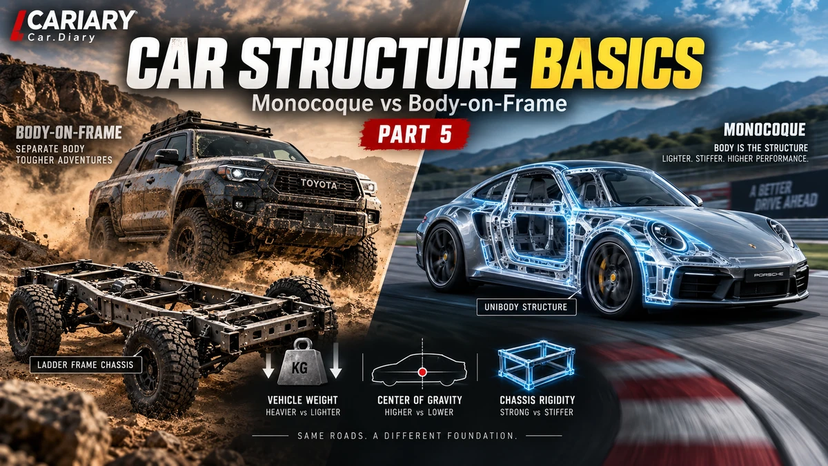 Car Structure Basics thumbnail comparing a separate ladder frame under an SUV with an illustrated sports-car body structure