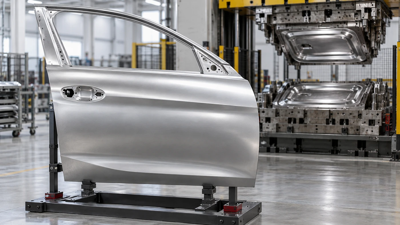 Unpainted car door assembly with a sculpted outer surface beside open stamping tooling