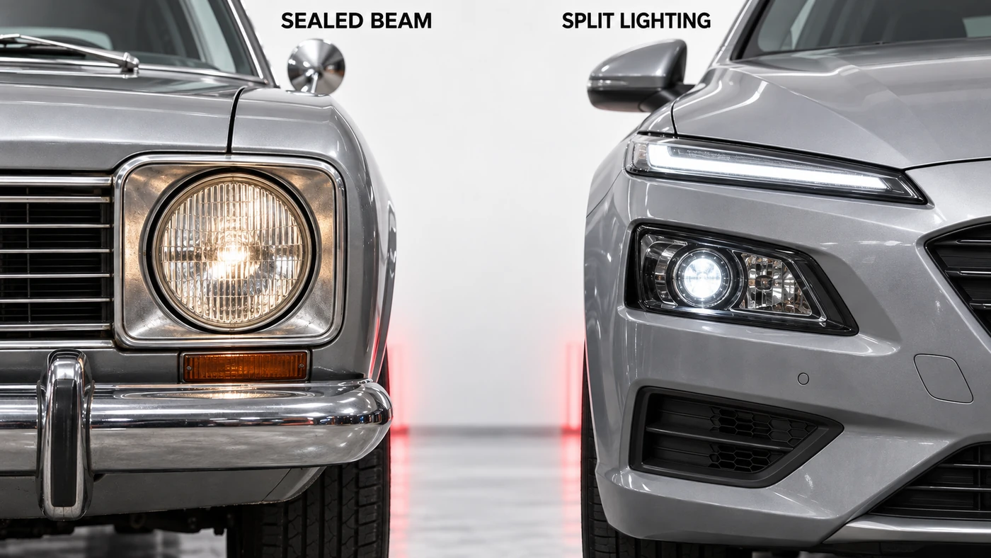 Round sealed-beam lamp compared with a thin running light and separate main projector