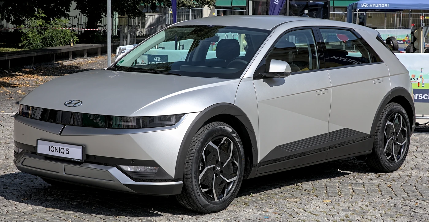Hyundai IONIQ 5 showing geometric body surfaces and widely spaced axles