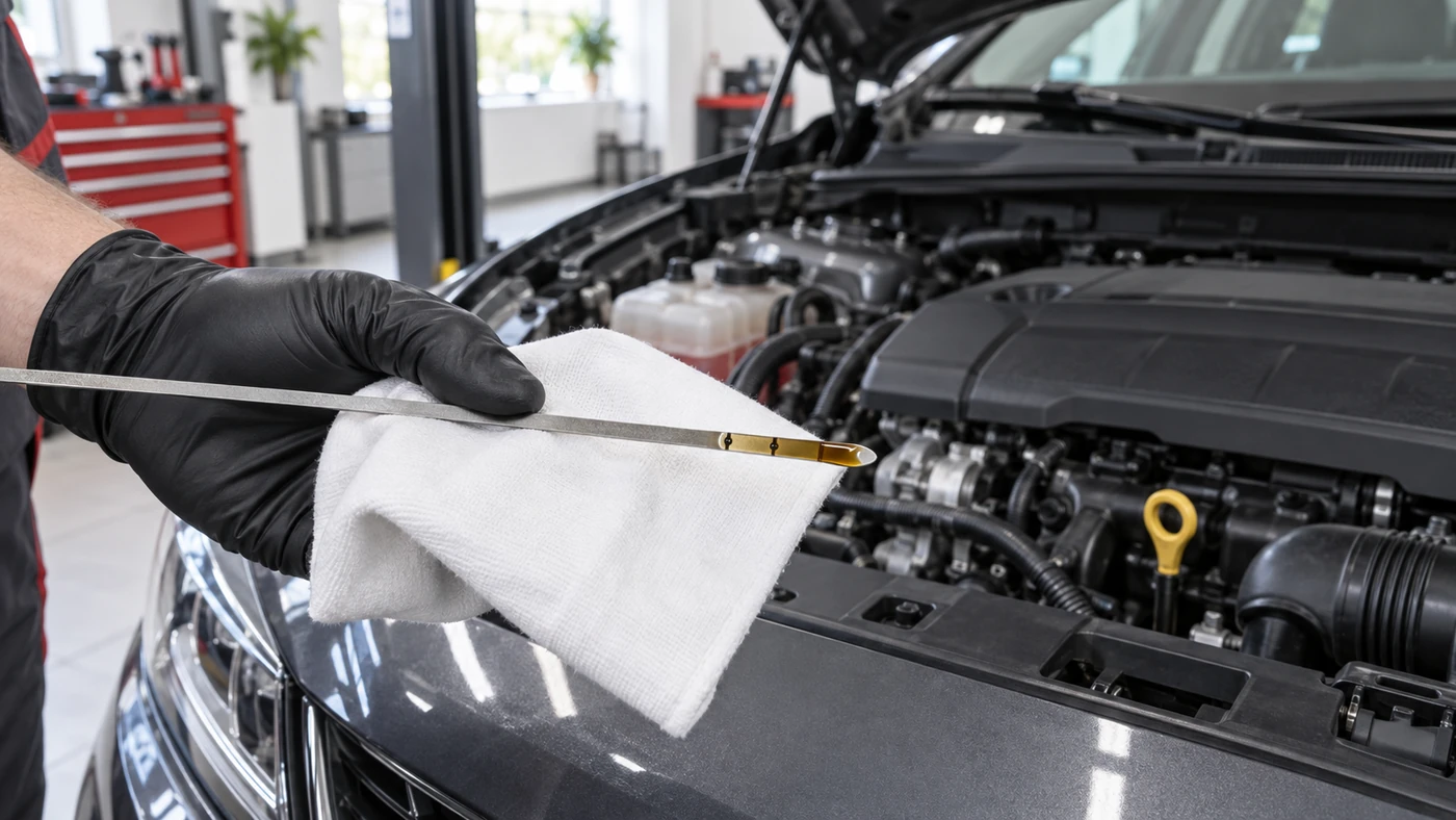 Car maintenance oil-level check with a dipstick above an open engine bay
