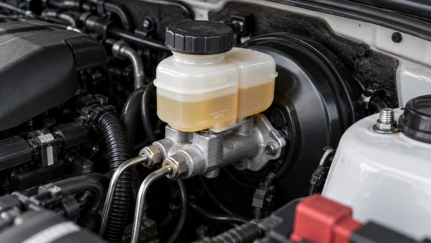 Closed brake-fluid reservoir mounted above a master cylinder and brake booster