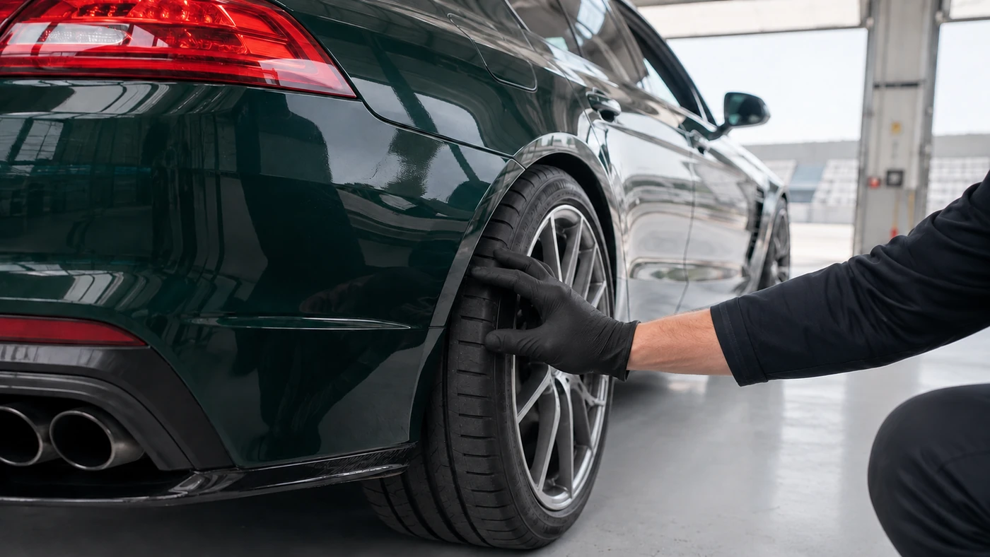 Gloved hand inspecting a stationary car tire tread and shoulder