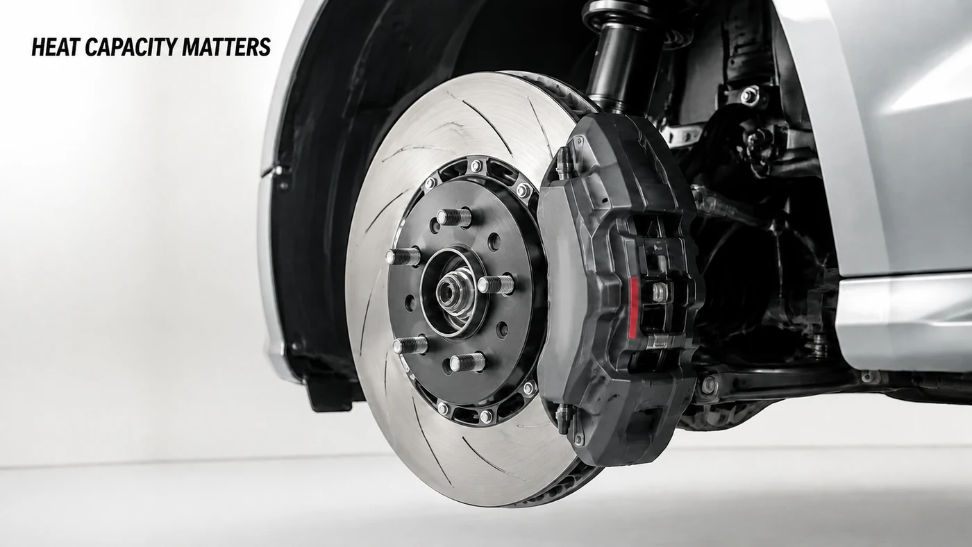 Exposed brake rotor and fixed caliper with the wheel removed