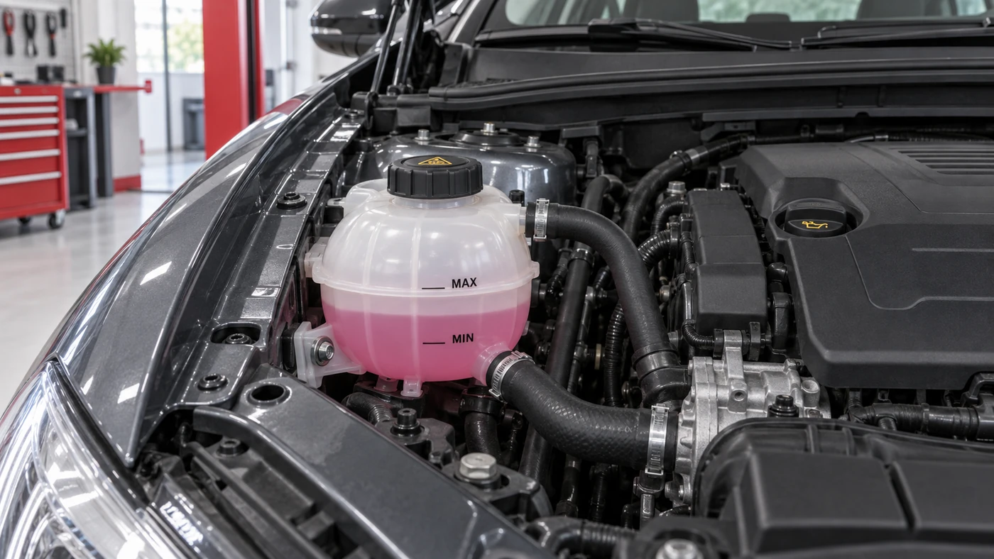 Closed coolant reservoir with visible minimum and maximum markings